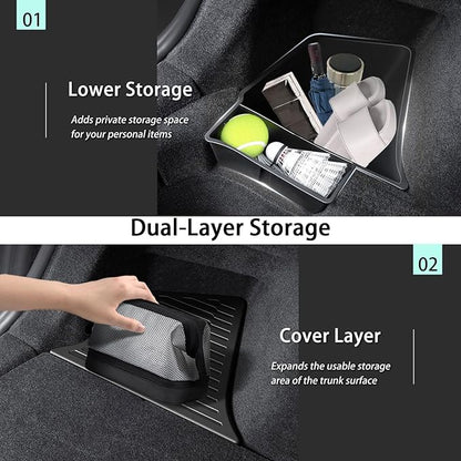 Trunk Storage Bins Trunk Organizer Designed for 2025 2026 Tesla Model Y Juniper 5-Seater, 2PCS Large-Capacity Rear Side Storage Boxes with Under-Panel Compartment for Model Y Juniper Accessories