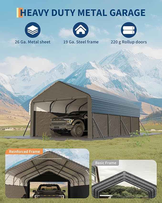 Garvee 12x20x9 ft Metal Carport Enclosed, Car Ports with Heavy Duty 220 g Tarp Gable End Doors and Sidewalls, All-Weather Carport for Full-Size Pickup Trucks, Bass Boats, and Tractors