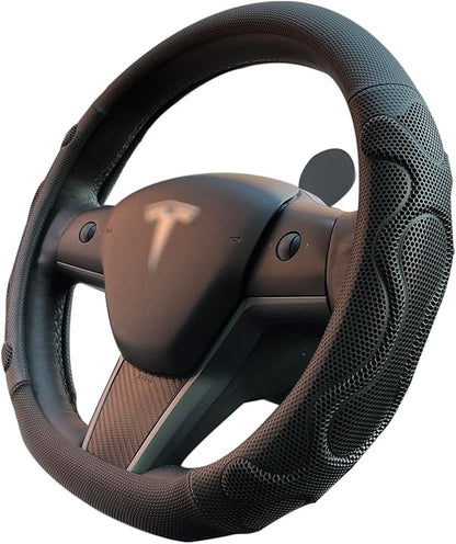 PINCTROT Comfy Grip Steering Wheel Cover for Tesla Model Y/3 2016-2025 2026 Standard/Highland/Juniper, D Shaped 14 Inch Small Sized, Flat Bottom with 3D Honeycomb Anti-Slip Design (Comfy Grip Black)