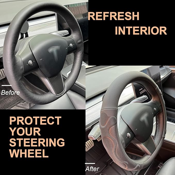 PINCTROT Comfy Grip Steering Wheel Cover for Tesla Model Y/3 2016-2025 2026 Standard/Highland/Juniper, D Shaped 14 Inch Small Sized, Flat Bottom with 3D Honeycomb Anti-Slip Design (Comfy Grip Black)