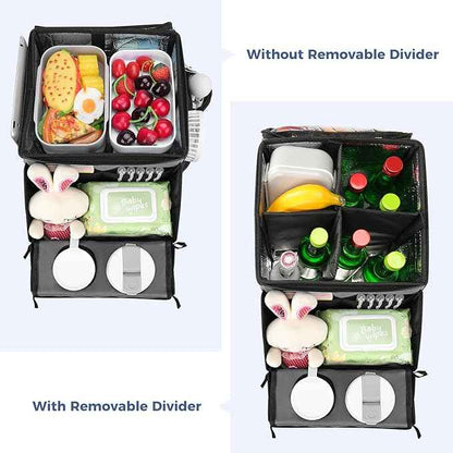COOLBEBE Car Seat Organizer, Backseat Car Organizer with Cup Holders for Kids and Adults Travel, Cooler Compartment Passenger Seat Organizer Storage Box for Front or Middle Seat, Grey