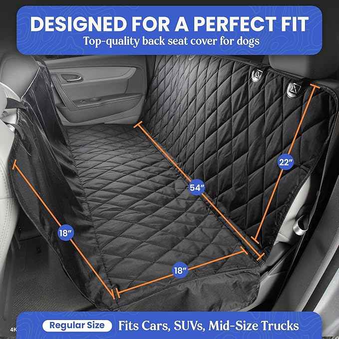 4Knines Dog Backseat Cover with Hammock for Cars, SUVs, and Trucks – Waterproof Layers, Nonslip Seat Protector, Durable Nylon Clips, K9 Shield with Heavy Duty Thread, (Regular, Black)