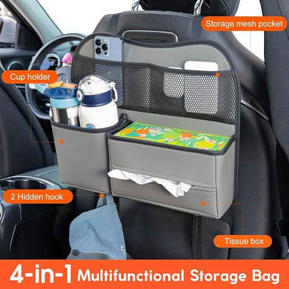 Leather Car Seat Back Organizer with Tissue Holder, Water Bottle Holder, Phone Holder for Road Trips. (Gray)