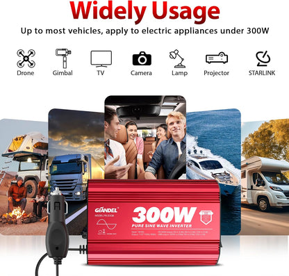 300Watt Pure Sine Wave Power Inverter for Car with PD30W Type C and QC 3.0 USB Car Converter Adapter with Dual USB Ports for Smartphones Laptops Tablets Starlink