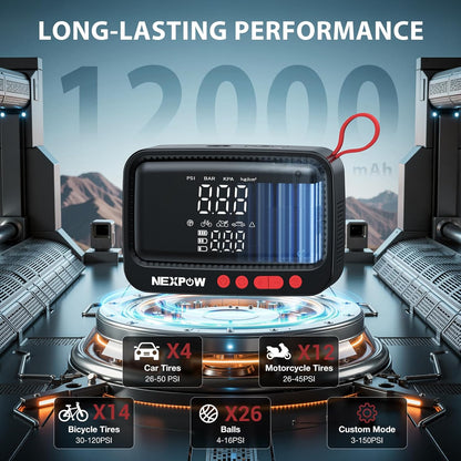 NEXPOW Tire Inflator Portable Air Compressor, 150 PSI Cordless Air Pump for Car Tires with Dual Digital Pressure Gauge and Auto Shut-Off, Portable Tire Inflator for Car, Motorcycle, Bicycle, Balls etc