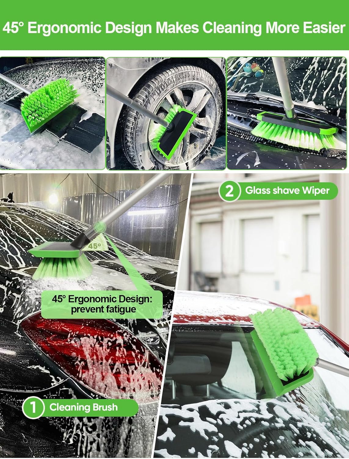 2 in 1 Car Wash Brush with Squeegee PBT Soft Bristle Truck Scrub Detail Brush 60” 151cm with Adjustable Long Handle for Interior Exterior Car Truck RV Boat Deck House Siding Cleaning Sweep Snow - AutoBay