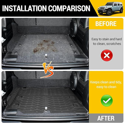 Trunk Mat with Net for 2021-2025 Jeep Wrangler JL Unlimited 4XE Accessories All Weather Protection Rear Trunk Liner Cargo Net for 21-25 JL JLU 4XE 4 Door(Not for 4X4)