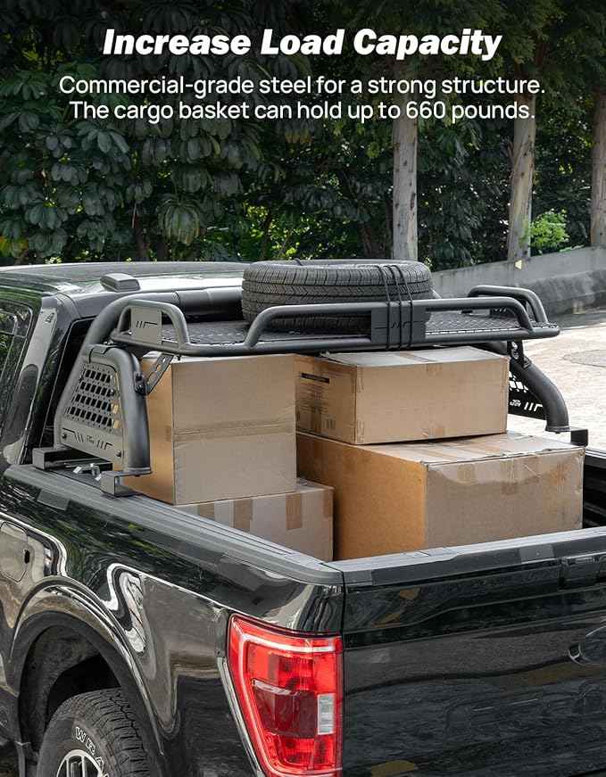 JOYTUTUS Roll Bar with Cargo Basket for Full-Size Truck, Extendable Chase Rack Pickup Sports Bar Compatible with F150, F250, F350, Silverado, Sierra, Ram