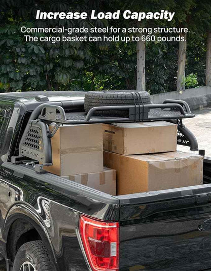 JOYTUTUS Roll Bar with Cargo Basket for Full-Size Truck, Extendable Chase Rack Pickup Sports Bar Compatible with F150, F250, F350, Silverado, Sierra, Ram
