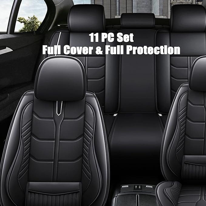 Amooca Car Seat Covers Full Set Automotive Seat Protection Fit for Most Cars SUVs Front & Back Seats Waterproof Nappa Leather Car Seat Cushion Protector Black