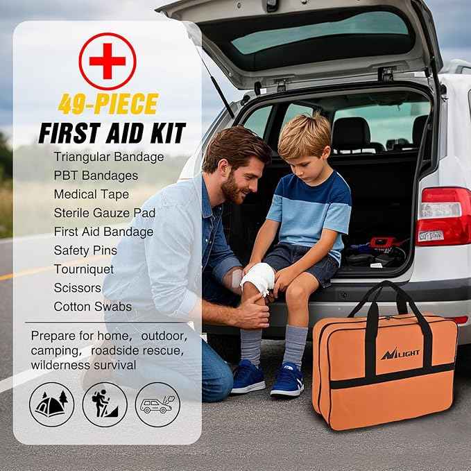 Nilight Car Emergency Kit with Jumper Cable Air Compressor Tire Repair Essential Tools First Aid Alligator Connector Electrical Kit for Travel Camping Outdoor Cars Truck SUV RV