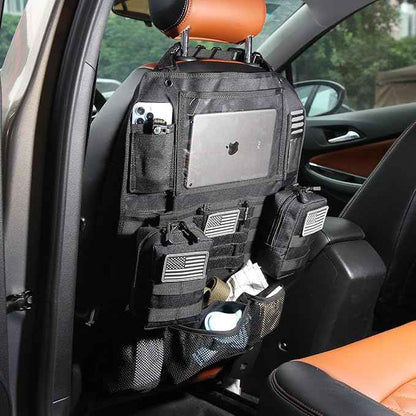 Tactical Car Seat Back Organizer Set Upgraded Tactical Molle Seatback Cover Protector Universal Fit Vehicles Truck MPV Pickup (Black with 2 Pouches)