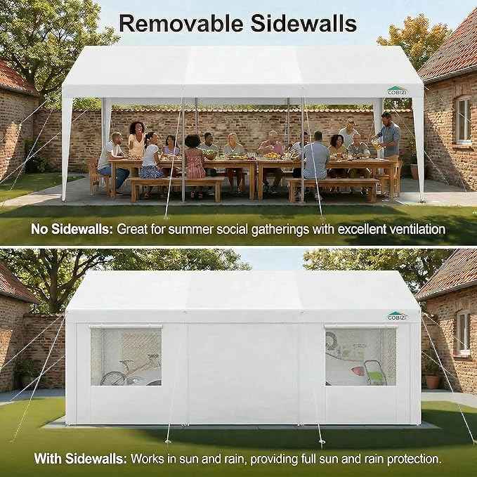 COBIZI 10x20 FT Heavy Duty Carport with Galvanized Frame, Carport Canopy with Roll-up Windows, Storage Tent with Removable Sidewalls & Doors, Built-in Sandbags for Car Boat Truck, White