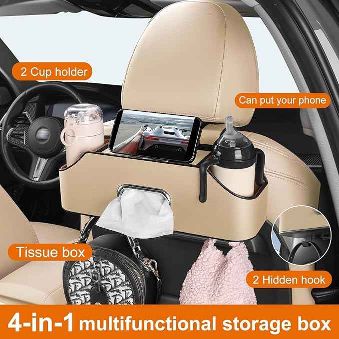 Car Rear Backseat Extra Multifunctional Drink Cup Holder Organizers With Tissue Storage Box Organizer & Hooks For Car Seat Back.Beige