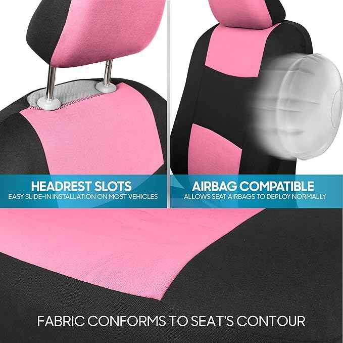 BDK PolyPro Pink Car Seat Covers Full Set with 4-Piece Car Floor Mats - Two-Tone Seat Covers for Cars with Carpet, Interior Covers for Auto Truck Van SUV