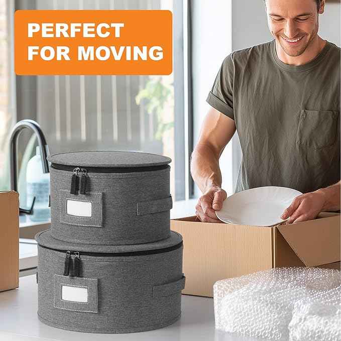 China Storage Containers, 4PCS Hard Shell Dish Storage Containers with Felt Dividers for Charger Plates Dinnerware, Moving Boxes for Dishes, Stackable Plate Storage Cases for 12 Place Setting