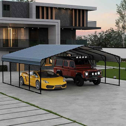 EROMMY 20‘x20’ Stable Metal Carport, All-Weather Heavy-Duty Carports with Strong Base, Sturdy Car Shed with Galvanized Steel Roof and Frame, Easy Assembly Car Port for 2 Cars, Tractors, Boat, Gray