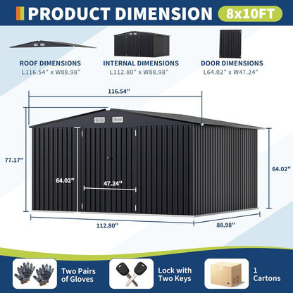 8x10 FT Metal Storage Sheds Outdoor with Floor, Metal ToolShed with Lockable Door, Metals Yard Sheds Metals Garden Shed Kit, MetalUtility Sheds Buildings with Air Vent for Backyard Garden Patio Lawn