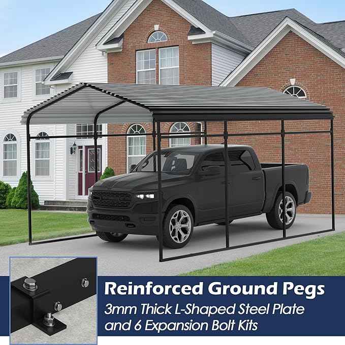Xilingol Metal Carport, Heavy Duty Carport Canopy with Galvanized Steel Frame and Roof, Outdoor Storage Shed, Car Tent Garage Shelter for Pickup, Truck, Boat and Tractor (10x15 FT Black)