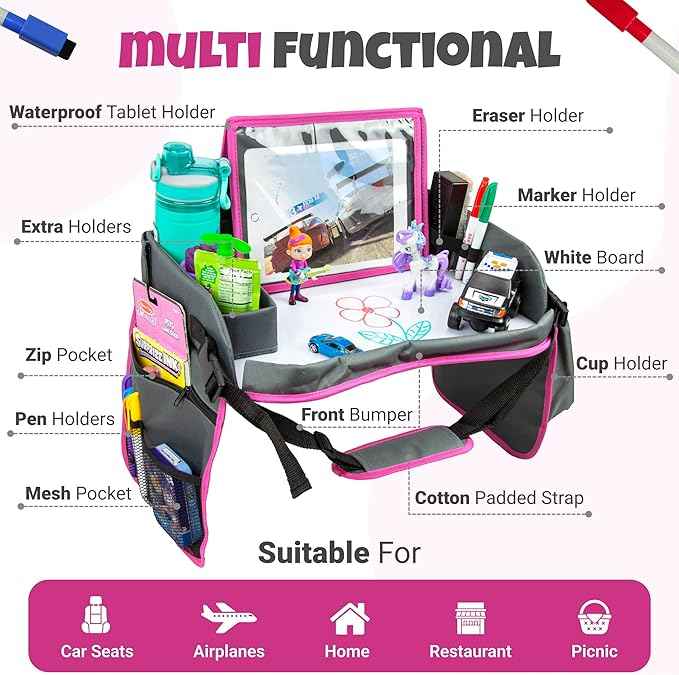 Kids Travel Tray with Dry Erase Board - Car Seat Tray for Kids Travel, Carseat Table Top for Toddler, Lap Desk for Car Seat, Activity Organizer & Snack Holder, Road Trip Essentials for Kid (Pink)