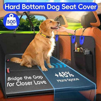 2-In-1 Heavy-Duty Hard Bottom Dog Hammock for Car, 100% Waterproof PU Leather Backseat Cover, Zipper Side Flaps, Non-Slip Extender for Large/Elderly Dogs & Multi-Dog Families,Fits Sedan/SUV/Med.Truck
