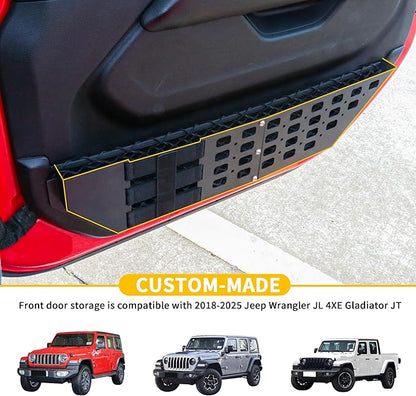 Front Door Storage Pockets with Cup Holders Compatible with 2018-2024 2025 2026 Jeep Wrangler JL 2/4 Door 4XE Gladiator JT Accessories Side Insert Organizer Box Molle Panel, 1Pair Metal+Strap