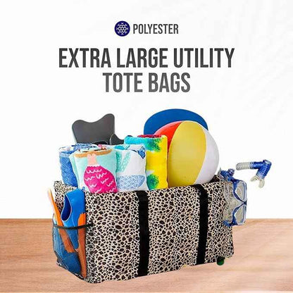 Extra Large Utility Tote Bag - Oversized Collapsible Reusable Wire Frame Rectangular Canvas Basket With Two Exterior Pockets For Beach, Pool, Laundry, Car Trunk, Storage - Leopard