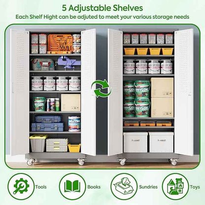 Aobabo Upgraded Garage Storage Cabinets with Wheels,Metal Storage Cabinets with 5 Adjustable Shelves for Garage Home Office Storage, Grey&White,71''H*32''W*16''D,Assembly Required