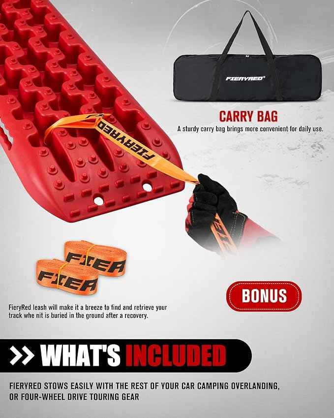FieryRed Traction Boards Offroad, Recovery Boards with 2 Leashes and Carry Bag, 2Pcs Traction Mat Recovery Tracks for Sand Mud Snow Track Tire Ladder 4X4, Red GEN1th