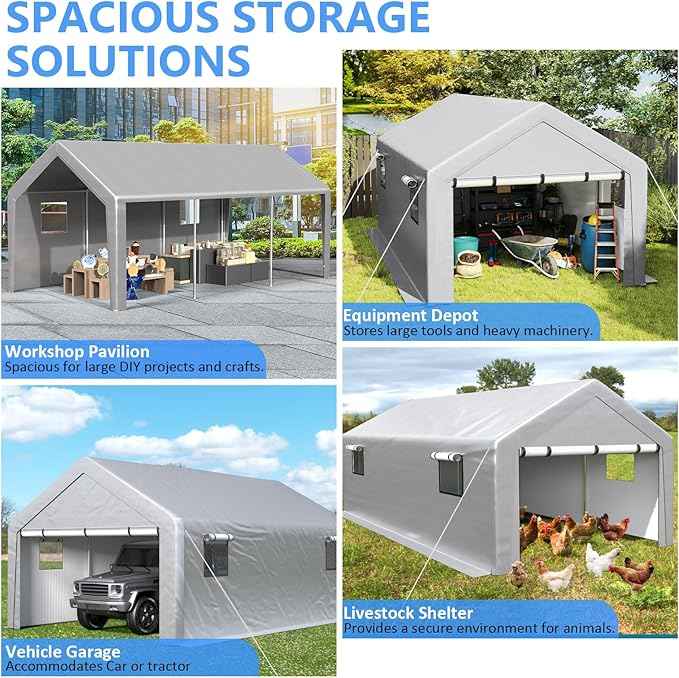 Carport 13x21 FT Enclosed Carport with Roll-up Windows, Portable Garage with Removable Sidewalls & Doors, Car Canopy Tent with Sandbags All-Season Tarp for Car Boat Truck Motorcycle