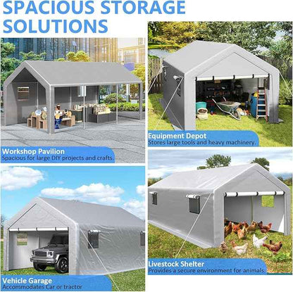 Carport 13x21 FT Enclosed Carport with Roll-up Windows, Portable Garage with Removable Sidewalls & Doors, Car Canopy Tent with Sandbags All-Season Tarp for Car Boat Truck Motorcycle