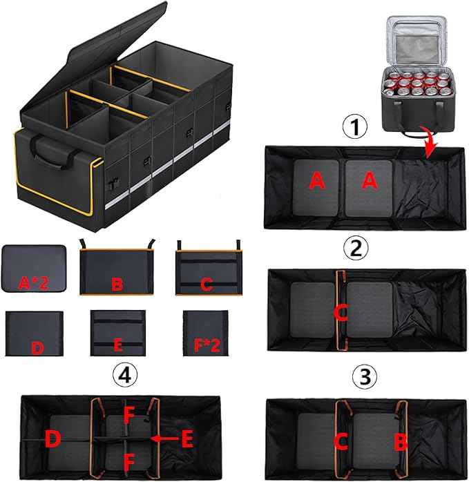 Car Trunk Organizer and Storage with Lid & Removable Leakproof Cooler Bag, Car Accessories 6 Removable Dividers for Custom Space, Collapsible Large Trunk Organizers Interior for SUV Sendan with Cover