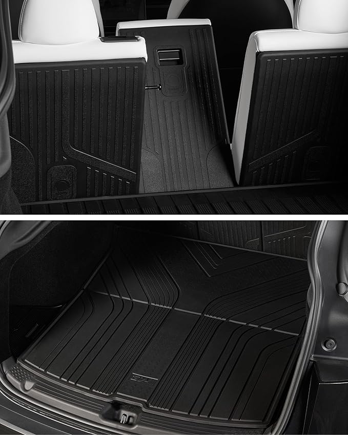 3W Tesla New Model Y Juniper Floor Mats and Cargo Liners, TPE Full Set Floor Liner for New Model Y 2025 2026, Cargo Mats and Seat Back Cover Protector, VigorMold, Car Mats for Tesla Accseeories, Black