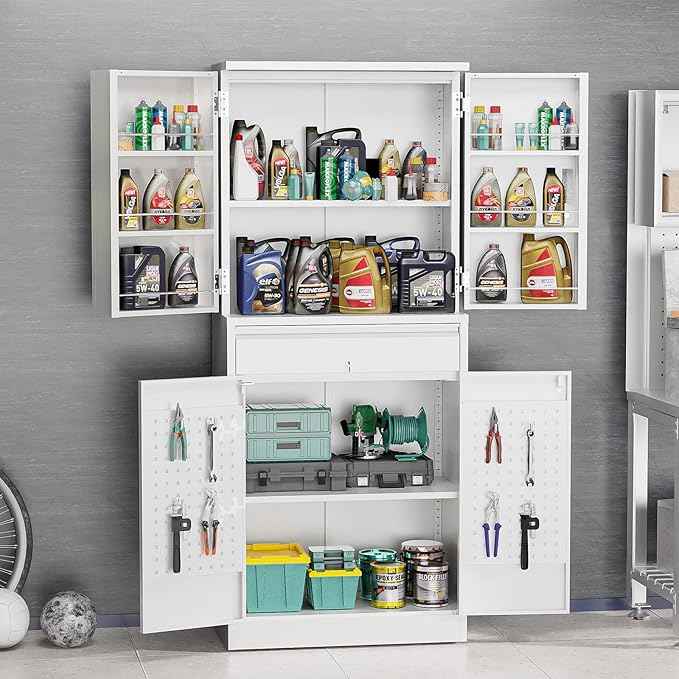 VINGLI Metal Storage Cabinet with 4 Doors & 1 Drawer, 71'' Steel Locking Cabinet with 6 Door Hanging Shelves and Adjustable Shelves for Garage, Warehouse, Home Kitchen, Dining Living Room (White)