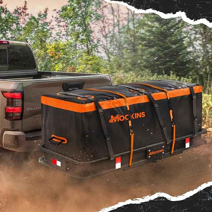 Mockins 16 Cu.Ft. Trailer Hitch Cargo Carrier Bag | 58"x20"x24" Abrasion-Resistant Vinyl Cargo Bag for Hitch Carrier | Waterproof Truck Bed Storage Set w/Buckle Straps, Combination Lock & Carry Case