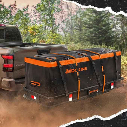 Mockins 16 Cu.Ft. Trailer Hitch Cargo Carrier Bag | 58"x20"x24" Abrasion-Resistant Vinyl Cargo Bag for Hitch Carrier | Waterproof Truck Bed Storage Set w/Buckle Straps, Combination Lock & Carry Case