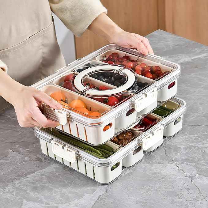 Eanpet Divided Veggie Tray with Lid and Handle 4 Compartment Serving Tray Portable Travel Snack Storage Containers Stackable Snackle Box Charcuterie Container for Fruit,Vegetable,Salad