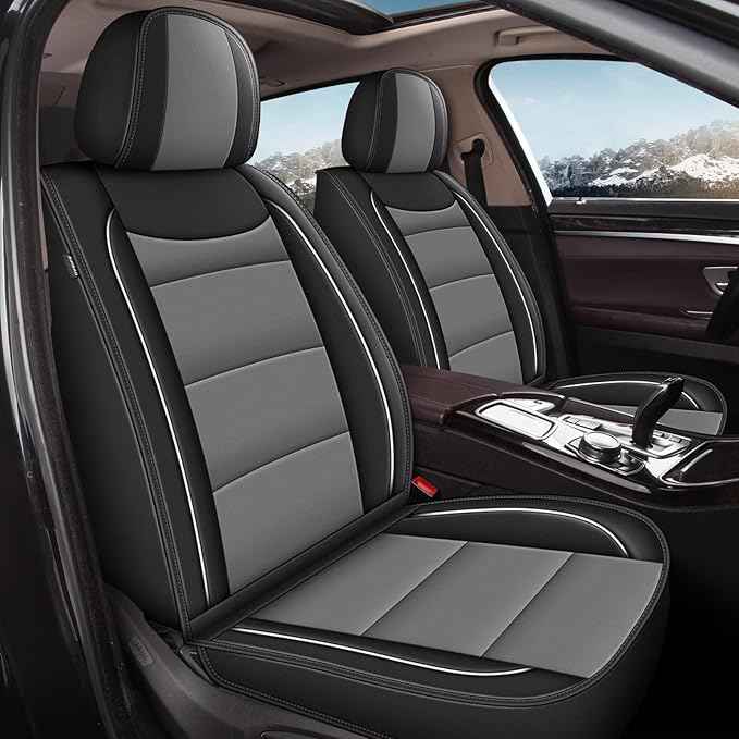 YORKNEIC 2 Front Seat Covers Fit for Ford Mustang Mach-E 2021 2022 2023 2024 2025 2026: Leather Car Seat Covers - Waterproof Car Seat Protector Compatible Airbag (Black & Grey)