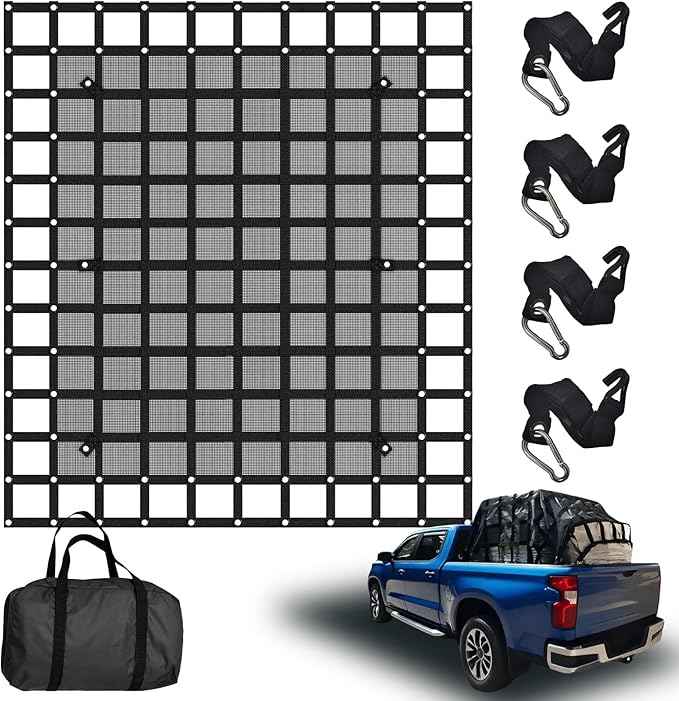 96” x 81“ Heavy Duty Cargo Net with Mesh, Truck Bed Net with J Hooks Accessories, 1500lbs Load Bearing Capacity, Truck Bed Cargo Net Organizer for Pickup Trucks (8' x 6.7')