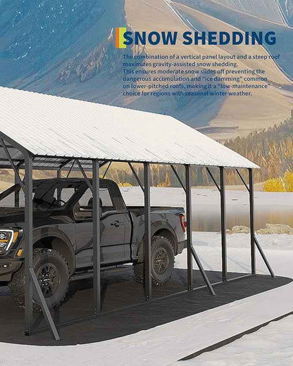 Garvee 13x26 ft Metal Carport Kit, 120° Steep-Pitch Vertical Roof for Snow Shedding, 133" High-Clearance RV & Boat Shelter, Heavy-Duty Long-Reach Car Port with Reinforced Frame
