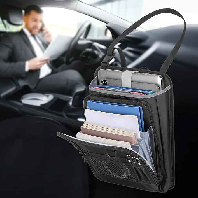 LUXJA Car Front Seat Organizer with Accordion File Pocket, Passenger Seat Organizer with Laptop Sleeve (Up to 15.6 In) and Adjustable Strap, Black