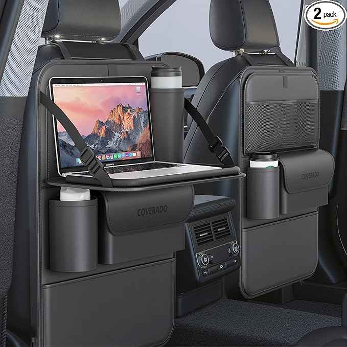 Coverado Car Backseat Organizer(2 Packs) with Tablet Tray, Nappa Leather Organizer for Car Seat Back, Waterproof Car Seat Organizer with Touch Screen, Seat Protector Kick Mats for Kids