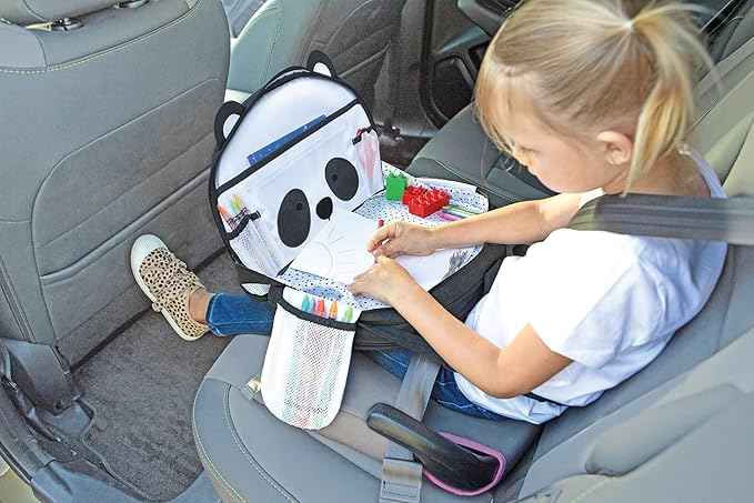 Lulyboo Toddler Car Seat Tray & Backpack - Kids Travel Lap Desk with Writing Surface, Panda Theme, Waterproof Spill-Proof, 8 Pockets, Built-in Tablet Holder, Adjustable Straps for Car & Air Travel