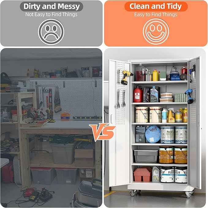 Aobabo Metal Storage Cabinet with Wheels,Heavy Duty Office Storage Cabinet with Lock,Steel Cabinet with 2 Doors and 5 Adjustable Shelves for Office Home School Storage,Required-Assembly White