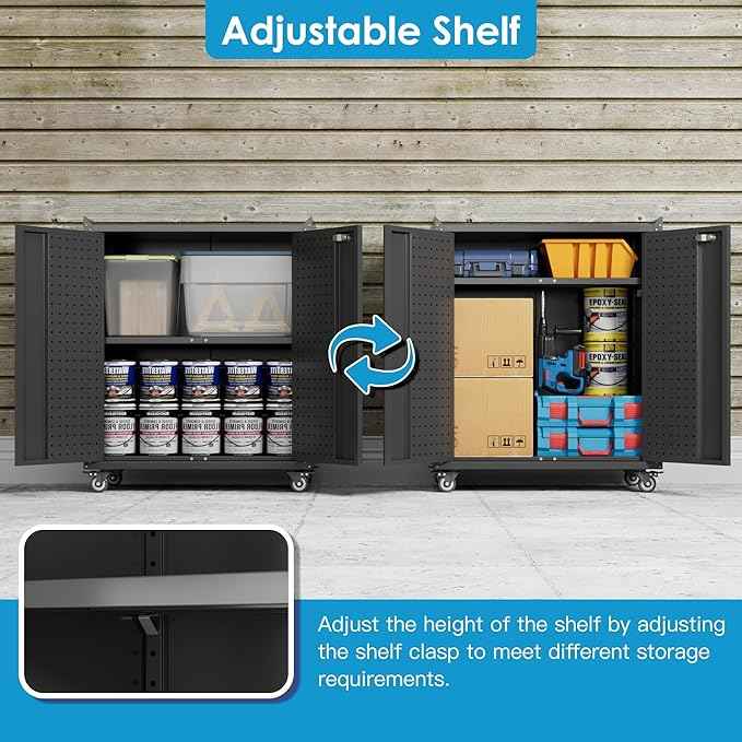 Aobabo 31.5" H Garage Storage Cabinet with Wheels,Lockable Metal Storage Cabinet with 2 Doors for Garage Home Office Storage,Black,Assembly Required