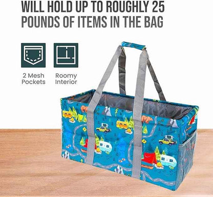 Extra Large Utility Tote Bag - Oversized Collapsible Reusable Wire Frame Rectangular Canvas Basket With Two Exterior Pockets For Beach, Pool, Laundry, Car Trunk, Storage - Camping