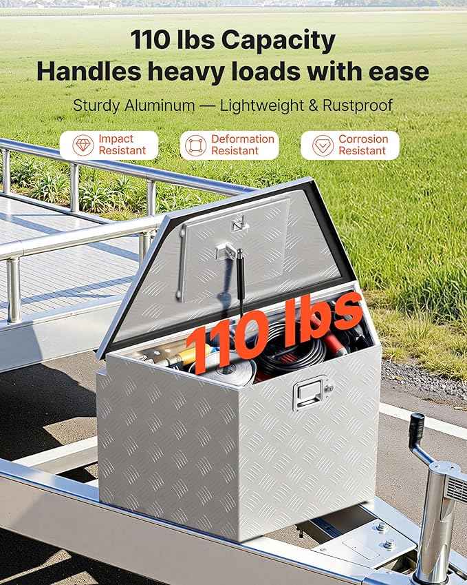 VEVOR Trailer Tongue Box, Heavy Duty Trailer Tongue Tool Box Storage Organizer with Lock & Keys, Utility Tool Chest for Pickup Truck Bed, RV, SUV, Off-Road Vehicle, Aluminum, 33" x 19" x 18", Silver