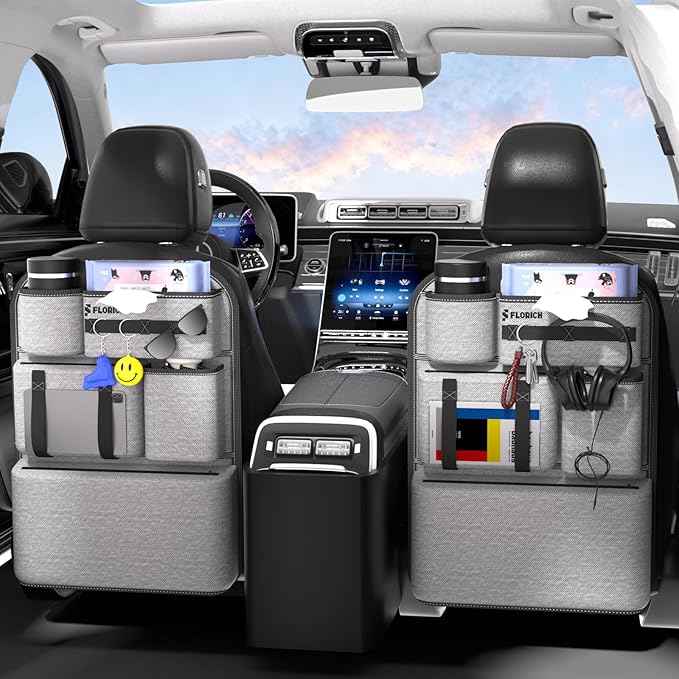 FLORICH 2 PACK PU Coated Fabric Car Backseat Organizer, Durable Large capacity Seat Back Organizer and Storage with 6 Pocket, Kick Mats Back Seat Protector for Kids Universal Fit