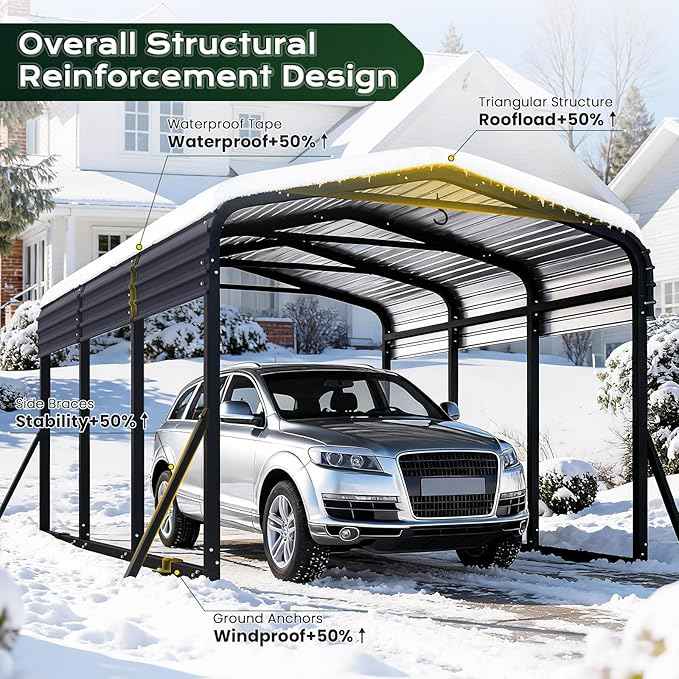 10x15FT Metal Carport, Heavy Duty Car Garage w/Reinforced Support Rods and Windproof Ground Anchors, All-Weather Multi-Use Outdoor Shelter for Car, Boats and Truck