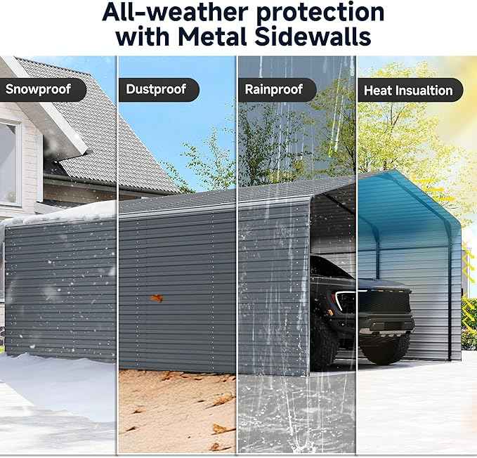12x20FT Heavy Duty Metal Carport,Outdoor Garage with Metal Side Panels, Enclosed Car Ports with Heavy Duty Steel Frame and Galvanized Roof for Cars and Boats, Equipment Storage,Tools, Gray